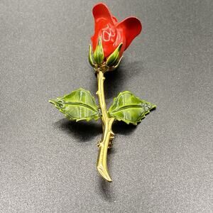 Vintage Red Enamel Rose Brooch Pin Gold Tone